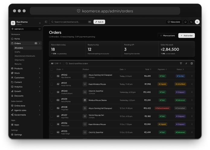 The Orders page with every order, payment and next step