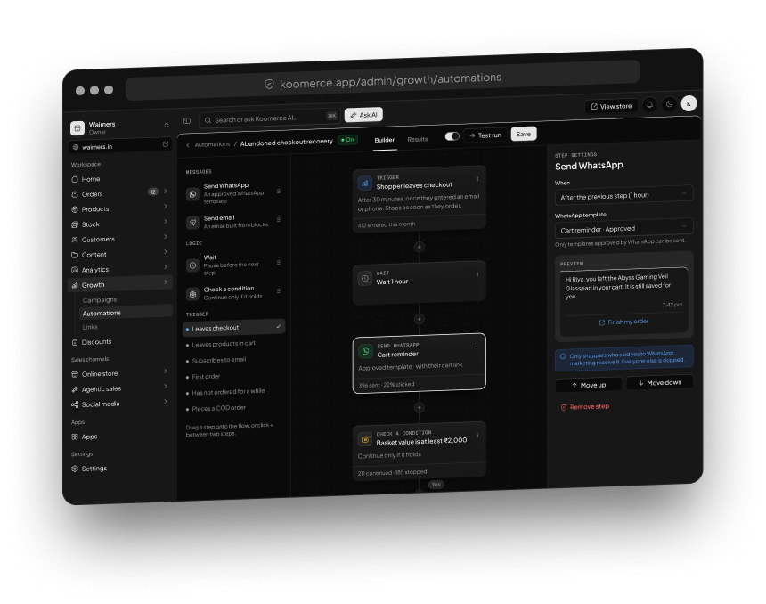 The Automations page with a WhatsApp follow-up flow