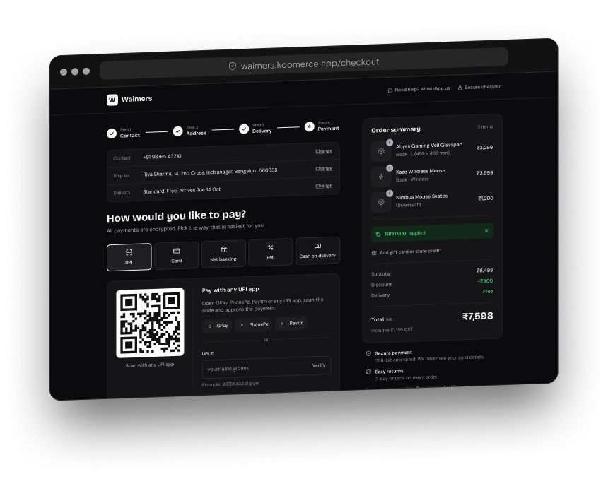 The checkout page with UPI selected